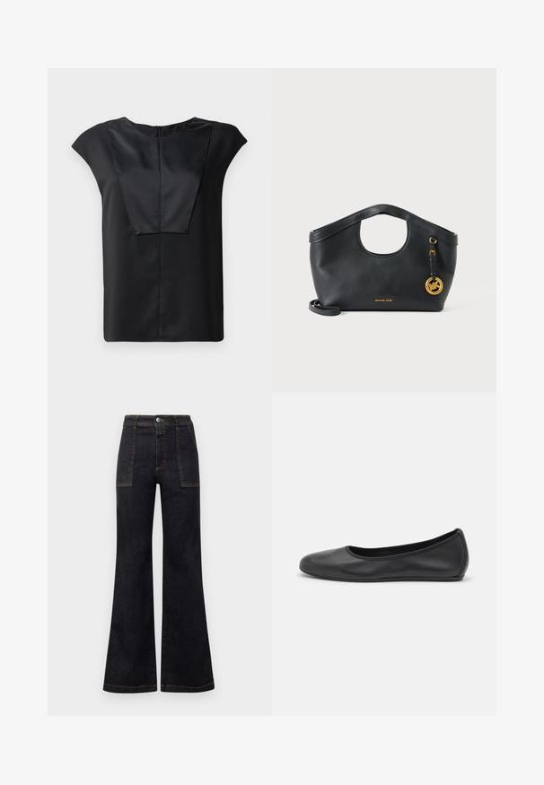 Sort kortærmet top lavet af glat stof med en bred udskæring, et rektangulært frontdesign og en diskret lynlås på bagsiden.; Bredde mørk denim jeans med høj talje, der har orange syninger og to forlommer. Glat tekstur, ren finish, klassisk design.; Sort læderballetsko med rund tå, glat tekstur, minimal syning og et fleksibelt såldesign.; Sort læder Michael Kors håndtaske med rund top-håndtagudskæring, guldfarvet logocharme og aftagelig skulderrem på hvid baggrund.
