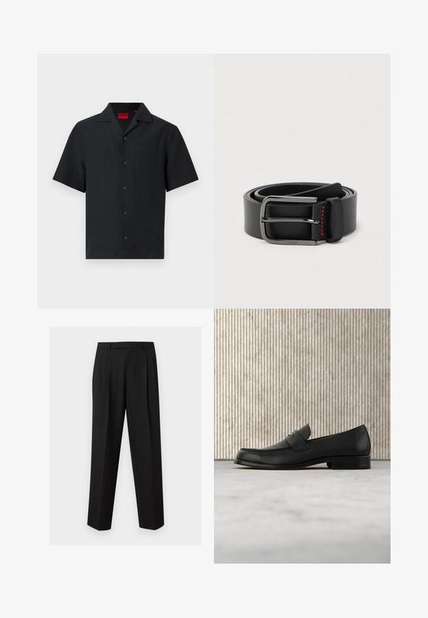 Chemise noire à manches courtes avec boutons, col pointu et poche poitrine, en tissu subtilement texturé avec une étiquette intérieure rouge.; Pantalon noir sur mesure avec jambes droites, plis à la taille, passants de ceinture et poches latérales fendues, présenté sur un fond uni.; Mocassin en cuir noir flottant au-dessus d'un tapis beige avec une table ronde brune brillante en arrière-plan.; Ceinture en cuir noir avec une boucle argentée et des coutures rouges, enroulée sur un fond clair uni.