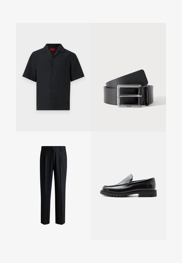 Chemise noire à manches courtes avec boutons, col pointu et poche poitrine, en tissu subtilement texturé avec une étiquette intérieure rouge.; Pantalons noirs en tissu lisse, avec une coupe droite, des plis à l'avant et une fermeture à bouton avec passants de ceinture.; Mocassin en cuir noir avec semelle en caoutchouc épaisse, dessus cousu et nom de marque embossé sur le talon, présenté de profil sur fond blanc.; Ceinture en cuir noire roulée avec une boucle rectangulaire en argent gravée "HUGO" et une boucle en cuir avec une couture rouge.