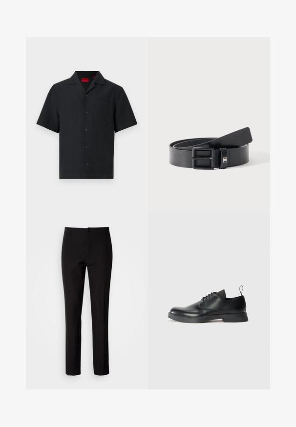 Chemise noire à manches courtes avec boutons, col pointu et poche poitrine, en tissu subtilement texturé avec une étiquette intérieure rouge.; Pantalon noir en tissu lisse, avec coupe droite, fermeture à boutons sur le devant et poches latérales discrètes. Look simple et ajusté.; Chaussure noire en cuir à lacets avec une finition lisse, un bout rond et un design minimaliste. Comprend un tirant contrastant subtil et une semelle en caoutchouc.; Ceinture en cuir noir avec boucle métallique noire mate, légèrement enroulée avec l'extrémité de la lanière reposant sur une surface blanche.