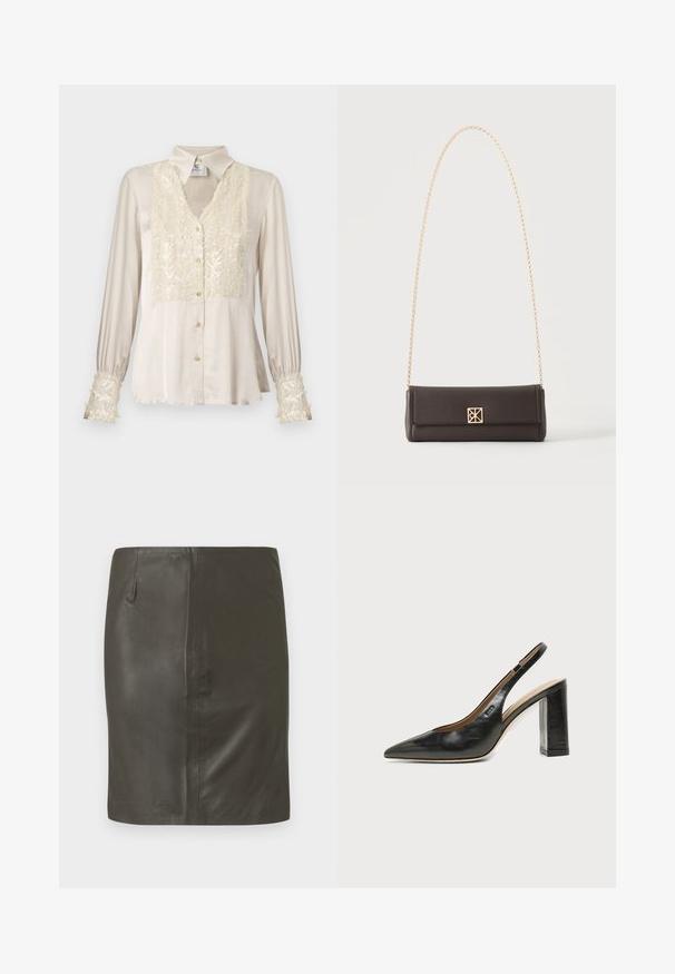 Blouse en satin beige avec un col en V, avant et poignets ornés de paillettes, manches longues, et détails de boutons dorés. Texture lisse, design élégant.; Jupe en cuir vert foncé avec une texture lisse, coupe ajustée et une poche latérale unique. Design simple sans éléments métalliques visibles ni motifs.; Chaussure slingback en cuir noir à bout pointu avec un talon bloc haut et une doublure intérieure beige sur un fond clair uni.; Sac à main rectangulaire en cuir marron foncé avec une bandoulière chaîne dorée et une petite fermeture carrée dorée au centre avant.