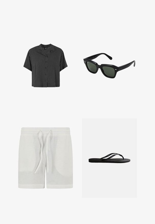 Zwart-wit gestreepte short-sleeve shirt met een ingeënte kraag en knoopsluiting, met een boxy pasvorm en lichtgewicht stof.; Witte korte broek met een gestructureerd oppervlak, elastische tailleband en verstelbaar trekkoord. Heeft een rechte zoom en een minimalistisch ontwerp.; Zwarte rubberen teenslipper met een gestructureerd voetbed en dunne Y-vormige bandjes op een effen witte achtergrond.; Zwarte vierkante zonnebril met donker groene lenzen, uitgerust met gedurfde monturen en zilveren accenten aan de zijkanten. Gemaakt in Italië.
