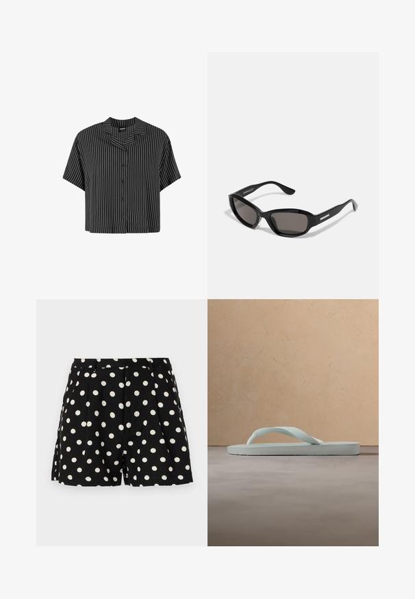 Zwart-wit gestreepte short-sleeve shirt met een ingeënte kraag en knoopsluiting, met een boxy pasvorm en lichtgewicht stof.; Zwarte shorts met witte stippen, voorzien van plooien aan de voorkant en zijzakken. Gemaakt van een lichtgewicht stof.; Enkele lichtbeige rubberen teenslipper met een getextureerd voetbed en Y-vormige band op een effen grijze achtergrond.; Zwarte zonnebril met een rechthoekig frame, donkere lenzen, gladde plastic materiaal en een metalen accent op de poot.