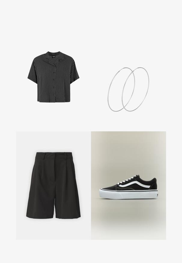 Zwart-wit gestreepte short-sleeve shirt met een ingeënte kraag en knoopsluiting, met een boxy pasvorm en lichtgewicht stof.; Zwarte shorts met een op maat gemaakte ontwerping, voorzien van plooien aan de voorkant, een brede tailleband en een soepele textuur. Geen zichtbare zakken.; Lage zwarte sneaker met witte zijstreep, witte veters, witte rubberen zool en gestructureerde neus op een neutrale achtergrond.; Zilveren hoepel oorbellen met een minimalistisch ontwerp. Cirkelvormig, gladde textuur en dun profiel. Lichtgewicht met een gepolijste afwerking.