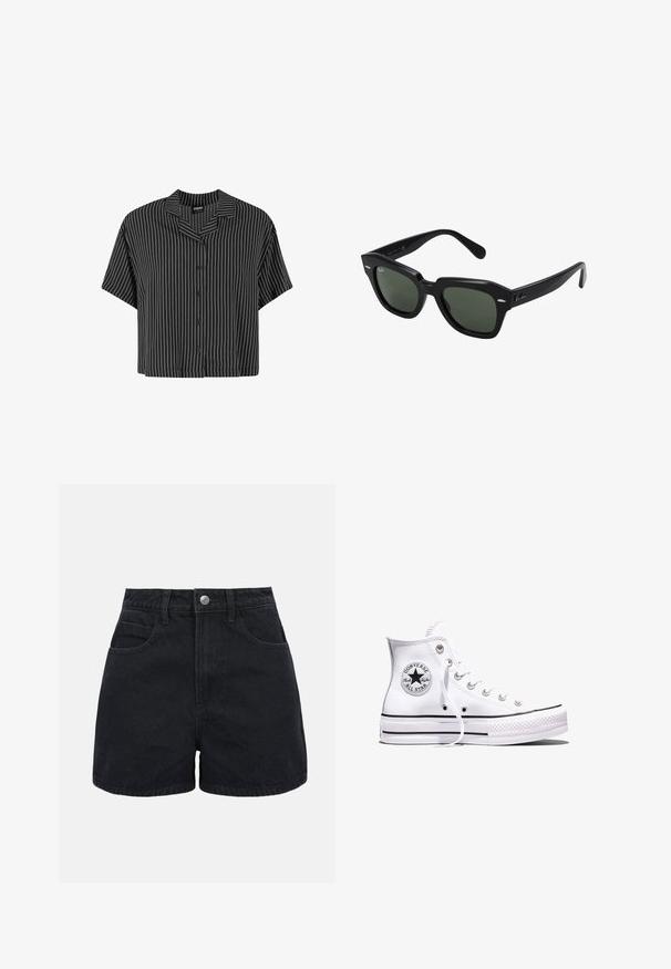 Čierno-biele pruhované tričko s krátkym rukávom, s vykrojeným golierom a zapínaním na gombíky, s voľným strihom a ľahkou tkaninou.; Čierne džínsy s vysokým pásom, predným gombíkom, pútkami na opasok a dvoma prednými vreckami na bielom pozadí.; Biela vysoká teniska Converse Chuck Taylor All Star s čiernymi pruhmi a nášivkou s logom na boku, zobrazená na jednoduchom bielom pozadí.; Čierne slnečné okuliare štvorcového tvaru s tmavozelenými sklami, s výraznými rámami a striebornými akcentmi po stranách. Vyrobené v Taliansku.