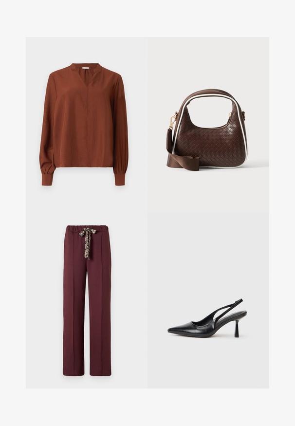 Blouse à manches longues de couleur rouille avec un décolleté en V, des manches bouffantes froncées et un léger éclat. Tissu doux et léger avec une coupe décontractée.; Pantalons bordeaux à coupe décontractée, dotés d'une taille élastique et d'un cordon de serrage à imprimé léopard. Tissu lisse avec des coutures latérales.; Chaussure à talon haut en cuir noir, à bride arrière, avec un bout pointu et un talon fin sur fond blanc.; Sac à main en cuir tressé marron avec passepoil blanc, fermeture éclair dorée et bandoulière amovible en tissu marron.