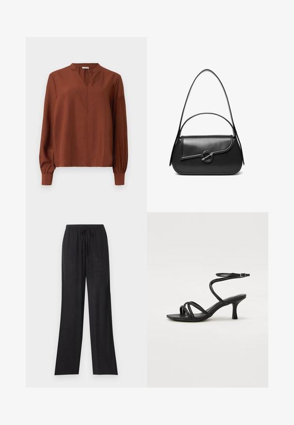 Blouse à manches longues de couleur rouille avec un décolleté en V, des manches bouffantes froncées et un léger éclat. Tissu doux et léger avec une coupe décontractée.; Pantalon noir ample avec taille élastique et cordon de serrage, jambes droites, présenté sur fond blanc.; Even&Odd Wide Fit Sandales - black; Sac à bandoulière en cuir noir avec un rabat incurvé fermé par un fermoir métallique rond et une sangle fine et ajustable.