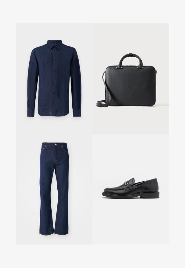 Chemise à manches longues bleu marine en lin. Présente un col classique, une patte de boutonnage sur le devant et un tissu texturé avec une coupe décontractée.; Jean en denim bleu foncé taille haute, coupe droite et design cinq poches sur un fond clair uni.; Mocassins en cuir noir avec un embout rond, présentant des accents en métal doré et des détails de couture, montés sur une semelle en caoutchouc texturé et basse.; Mallette en cuir noir texturé avec double poignée, bandoulière amovible et fermeture éclair supérieure sur un fond clair uni.