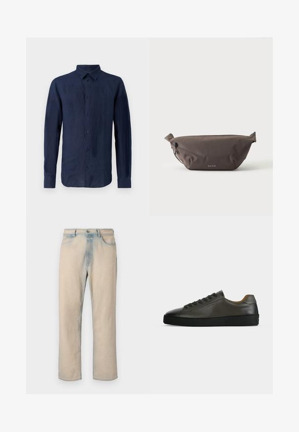 Chemise à manches longues bleu marine en lin. Présente un col classique, une patte de boutonnage sur le devant et un tissu texturé avec une coupe décontractée.; Jean en denim beige clair avec une coupe droite, des accents bleu délavé, cinq poches et une fermeture à bouton à la taille.; Basket basse en cuir gris foncé avec lacets et semelle noirs, design minimaliste, profil latéral sur un fond clair uni.; Sac banane en tissu marron foncé avec poche zippée en diagonale et petit logo blanc sur le devant, sur un fond clair uni.