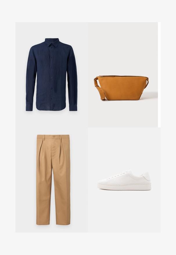Chemise à manches longues bleu marine en lin. Présente un col classique, une patte de boutonnage sur le devant et un tissu texturé avec une coupe décontractée.; Pantalons en coton beige avec une coupe décontractée, un design plissé, une taille avec fermeture à bouton, et une coupe droite. Texture lisse sans motifs.; Baskets en cuir blanc à finition lisse, bout rond, laçage à six œillets et semelle en caoutchouc texturée. Design minimaliste sans motifs.; Sac bandoulière en cuir marron clair avec sangle réglable et fermeture éclair, présenté sur un fond clair uni.