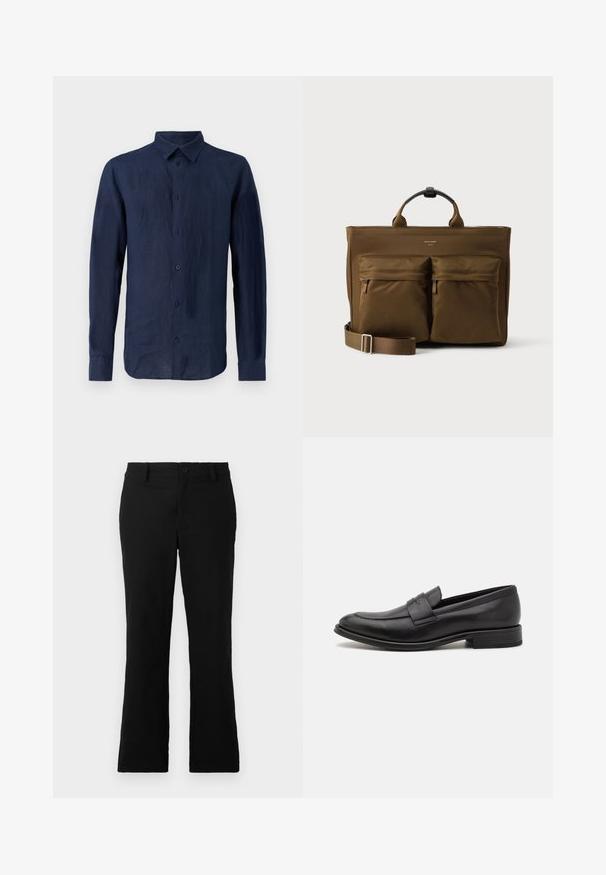 Chemise à manches longues bleu marine en lin. Présente un col classique, une patte de boutonnage sur le devant et un tissu texturé avec une coupe décontractée.; Pantalons évasés noirs en tissu mélangé coton, dotés d'une fermeture à bouton, de passants de ceinture et d'une texture lisse sans motifs visibles.; Mocassin en cuir noir avec une finition lisse, une sangle décorative sur le dessus, un bout rond et un petit talon empilé.; Sac cabas rectangulaire marron avec deux grandes poches zippées à l’avant, des poignées courtes et une bandoulière réglable sur fond blanc.