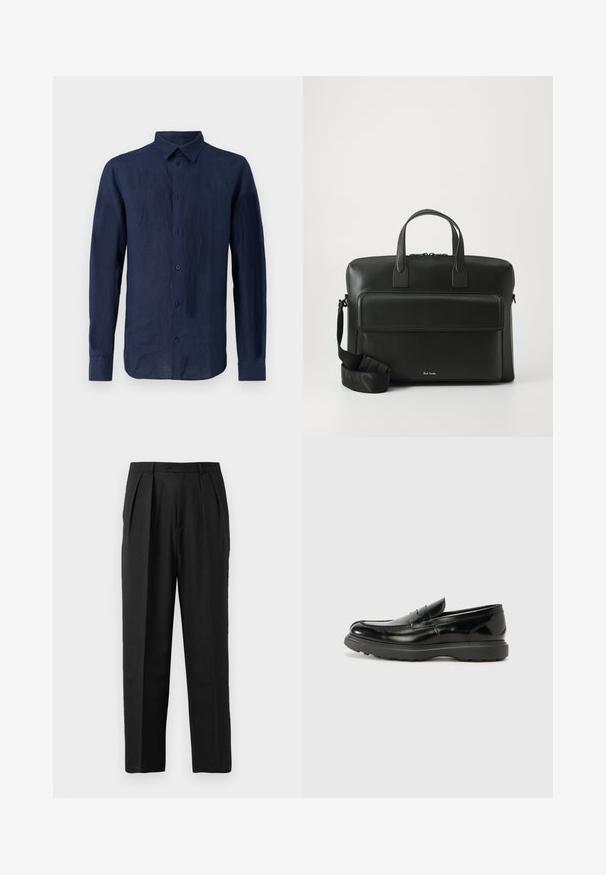Marineblaues Langarmhemd aus Leinen. Mit klassischem Kragen, Knopfleiste vorne und strukturierter Stoffqualität sowie einem lockeren Schnitt.; Schwarze, plissierte Hose mit maßgeschneidertem Design, aus glattem Stoff gefertigt, mit Knopfverschluss und geradem Schnitt.; Schwarze Lederloafer mit glanzendem Finish, abgerundetem Zehenbereich, subtilen Steppnähten und einer dicken Gummisohle für Langlebigkeit.; Schwarze Lederakte mit doppelten Obergriffen, einer Fronttasche und einem abnehmbaren Tragegurt, mit subtiler Markierung am Boden.