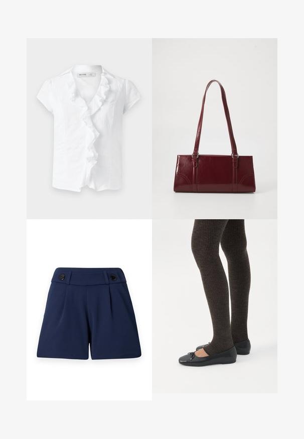 Blouse blanche à manches courtes avec bordure plissée à l'avant et un col, avec une petite étiquette de taille à l'intérieur de l'encolure.; Shorts ajustés bleu marine en tissu léger, avec deux plis devant et deux boutons noirs à la taille.; Jambes portant des leggings côtelés foncés associés à des ballerines noires avec de petits détails en nœud sur fond blanc.; Sac à main bordeaux en matériau brillant, de forme rectangulaire, avec deux anses et des accents légèrement courbés à l'avant.