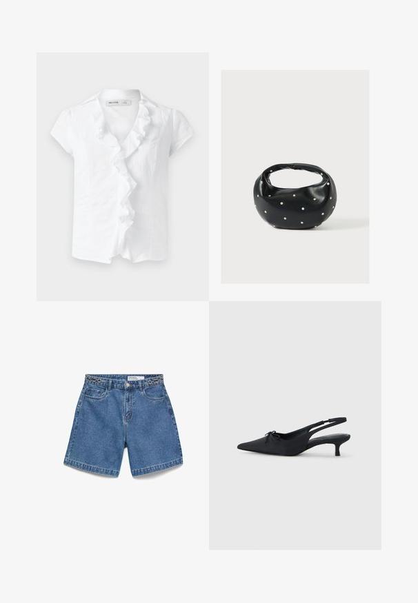 Blouse blanche à manches courtes avec bordure plissée à l'avant et un col, avec une petite étiquette de taille à l'intérieur de l'encolure.; Short en jean bleu avec poches avant et poche monnaie, fermeture par bouton métallique, passants de ceinture et détail chaîne décoratif le long de la taille.; Talons slingback noirs avec un bout pointu, tissu texturé, un petit nœud à l'avant et un talon aiguille modéré.; Sac à main en cuir noir de forme arrondie, décoré de clous argentés et équipé d'une poignée courte. Texture lisse et fermeture éclair.