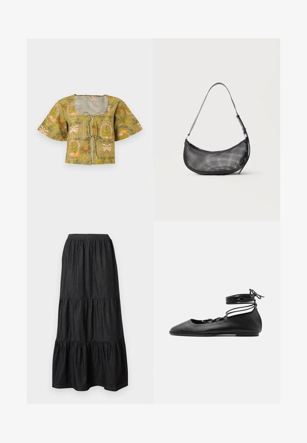 Blouse courte à manches courtes avec imprimé tropical vert, encolure carrée et nouage à l'avant sur fond uni.; Jupe maxi noire à volants avec taille élastique et panneaux de tissu froncés, présentée à plat sur un fond clair.; Chaussure de ballet plate en cuir noir avec un bout pointu, plusieurs fines brides sur le dessus et des lacets enroulés autour de la cheville.; Petit sac d'épaule noir en mesh en forme de croissant avec une lanière fine réglable, sur un fond clair uni.
