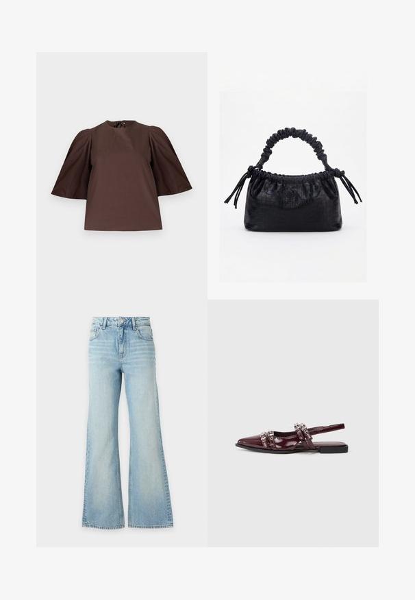 Blouse marron avec manches courtes bouffantes et col rond, présentée sur un fond gris clair uni.; Jean en denim bleu clair avec taille haute et jambes larges, doté de poches avant et arrière et d'une fermeture à boutons.; Chaussure plate slingback en cuir verni bordeaux avec un bout pointu, présentant des lanières décoratives avec des accents métalliques.; Sac à main noir avec texture crocodile, bord supérieur froncé, poignée plissée et pompons à cordon de chaque côté sur fond blanc.