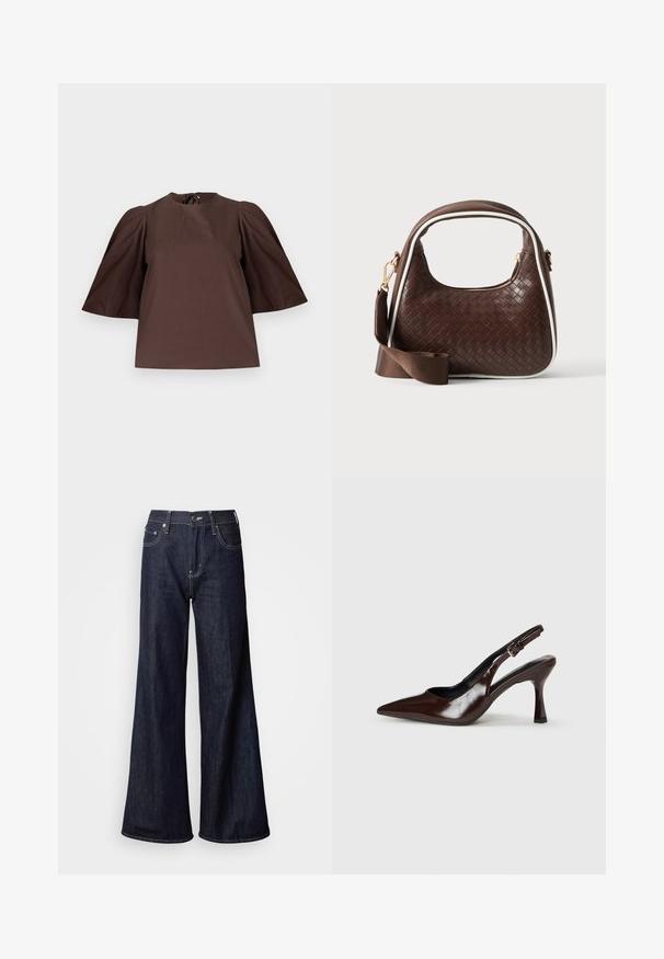 Blouse marron avec manches courtes bouffantes et col rond, présentée sur un fond gris clair uni.; Jean à jambes larges en denim foncé, présentant une taille haute, cinq poches, des coutures blanches contrastantes et une texture lisse.; Talons slingback en cuir verni brun avec un bout pointu, un talon fin, et une sangle réglable avec une petite boucle.; Sac à main en cuir tressé marron avec passepoil blanc, fermeture éclair dorée et bandoulière amovible en tissu marron.