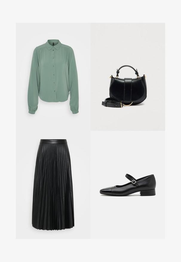 Hele roheline, pika varrukaga blouse, millel on nööbid ees, krae, kogutud detailid õlgadel ja elastsed mansetid. Sile kangas.; Must mustrips, mis faux nahast, vertikaalsete volangidega, siledate vöödega ja põrandapikkuse disainiga.; Mustat nahast Mary Jane kingad, millel on patendist varvas, reguleeritav pahkluu rihm ja madal plokktald. Sile tekstuur ja stiilne disain.; Mustast nahast käekott kumerate kõveratega, kuldsete aksentide ja eemaldatava rihmaga. Varustatud ülemise sangaga ja vertikaalsete õmblusdetailidega.