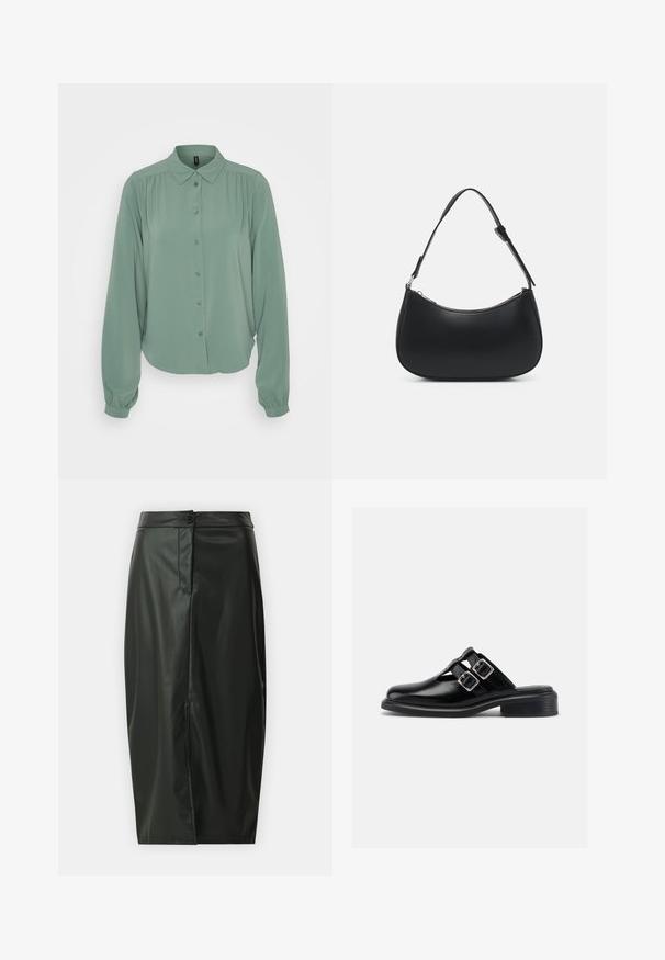 Blusa de manga larga verde claro con cierre de botones en el frente, cuello, detalles fruncidos en los hombros y puños elásticos. Textura de tela suave.; Falda midi de imitación cuero negra con cierre de botones en el frente, bolsillo lateral y una silueta recta que presenta una textura suave y brillante.; Zapato negro de cuero sin cordones con dos hebillas plateadas, lados abiertos, puntera redonda y tacón bajo apilado, mostrado de perfil sobre fondo blanco.; Pieces PCALUANA SHOULDER BAG - Bolso de mano - black