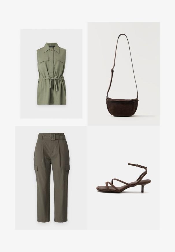 Robe-chemise sans manches vert olive avec col pointu, deux poches poitrine à rabat, fermeture par boutons et ceinture ajustable à la taille.; Pantalons cargo en vert olive, fabriqués en tissu léger. Les caractéristiques comprennent une taille ceinturée, des plis avant et des poches latérales avec fermetures à rabat.; Sandale marron à talons hauts avec fines lanières croisées et bride de cheville avec boucle argentée sur fond blanc.; Sac bandoulière en daim marron foncé avec une sangle réglable et une poche zippée à l'avant, posé sur un fond clair uni.