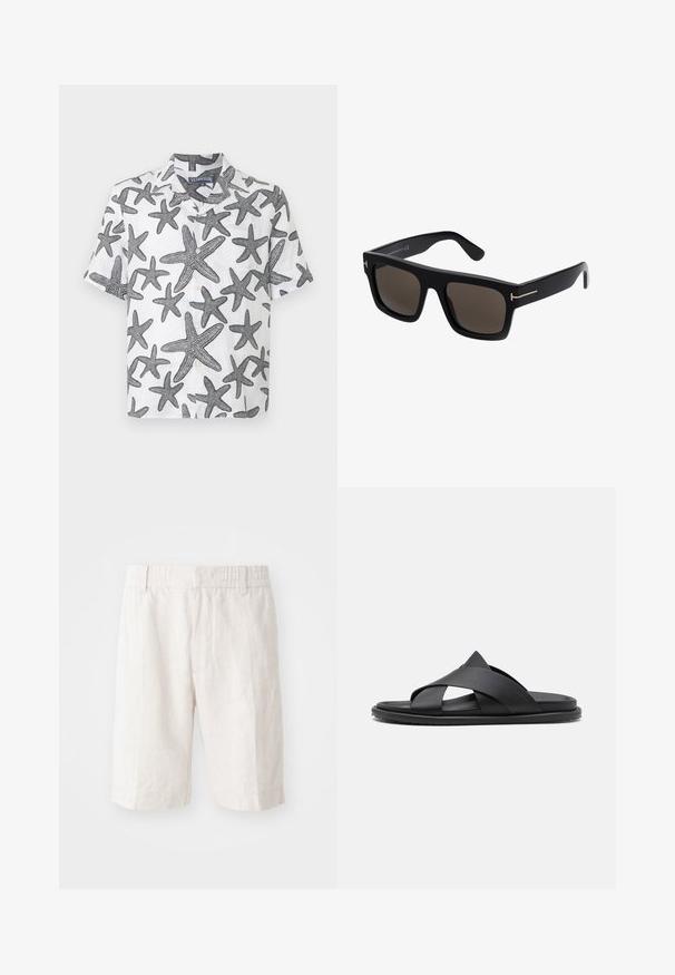 Chemise à manches courtes en tissu blanc avec des motifs d'étoiles de mer noirs. Patte de boutonnage et design de col. Matériau en lin léger.; Shorts en lin beige clair avec une taille élastique, poches latérales et une coupe droite. Texture lisse avec des coutures minimales visibles.; Stuart Weitzman BERKLEY - Mules - black; Lunettes de soleil noires carrées avec des verres teintés, dotées d'accents dorés sur les branches et d'une texture en plastique lisse.