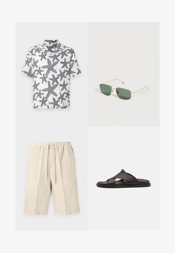 Chemise à manches courtes en tissu blanc avec des motifs d'étoiles de mer noirs. Patte de boutonnage et design de col. Matériau en lin léger.; Shorts en lin beige avec une taille élastique, une fermeture à cordon et des poches latérales. Caractérisés par une coupe décontractée et une texture douce.; Stuart Weitzman BERKLEY - Mules - espresso; Lunettes de soleil rectangulaires à monture dorée avec des verres teintés verts posées sur une surface blanche.