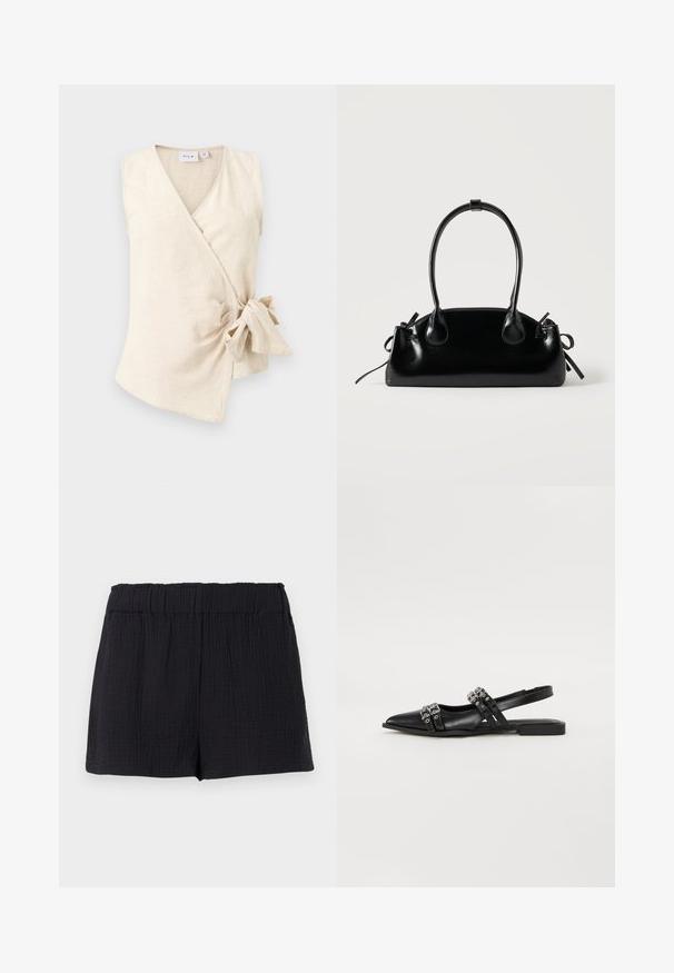 Haut sans manches beige portefeuille avec col en V et détail de lien sur le côté, en tissu doux et léger avec une texture subtile.; Shorts en tissu noir texturé avec une taille élastique et une coupe ample et décontractée.; Even&Odd by Zalando Ballerines à brides arrière - black; Petit sac à main noir brillant avec deux longues anses et des détails à cordon sur les côtés sur un fond clair uni.