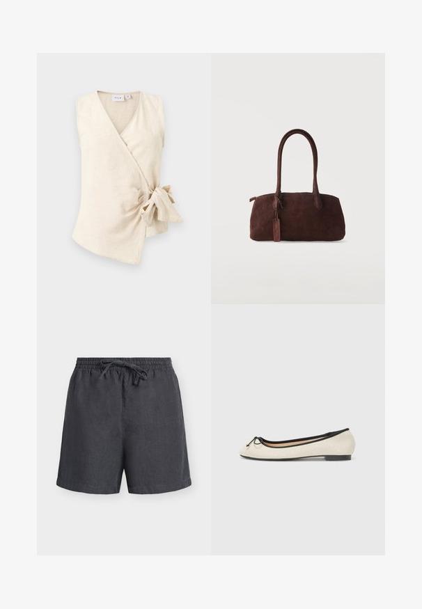 Haut sans manches beige portefeuille avec col en V et détail de lien sur le côté, en tissu doux et léger avec une texture subtile.; Short en lin gris foncé avec taille élastique et cordon ajustable, longueur mi-cuisse, design épuré, présenté sur fond blanc.; Ballerine en textile beige avec une bordure noire. Affiche un bout arrondi et un petit nœud en accent sur le devant. Semelle basse.; Sac à main en daim marron foncé avec deux longues anses et une petite étiquette attachée, sur un fond clair uni.