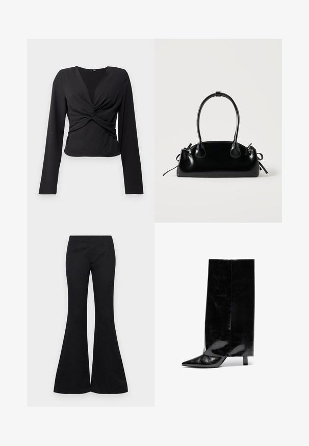 Haut noir à manches longues avec un design enveloppant, présentant un devant torsadé et une texture lisse. Conçu en tissu extensible pour un look ajusté.; Pantalons évasés noirs en tissu lisse, dotés d'un haut ajusté et de jambes larges, sans ornements visibles ni poches.; Botte chelsea en cuir noir avec un bout pointu et un talon bloc, présentant un tige haute et brillante ainsi qu'une finition texturée sur la partie inférieure.; Petit sac à main noir brillant avec deux longues anses et des détails à cordon sur les côtés sur un fond clair uni.