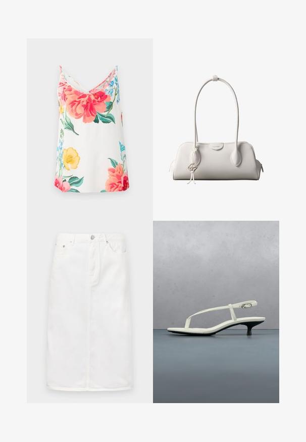 Bloemen camisole van lichtgewicht stof, met grote roze, rode en gele bloemen op een witte achtergrond. V-hals ontwerp en verstelbare banden.; Witte denim rok met een ritssluiting aan de voorkant, vijf-pocket ontwerp en een rechte silhoutte met stikselaccenten.; Witte sandaal met smalle bandjes en kitten heel, met een spitse neus, zwevend boven een houten tegelvloer buiten, met op de achtergrond een wazige plant en muur.; Witte Calvin Klein schoudertas met lange hengsels, rechthoekige vorm, ritssluiting en decoratieve logohanger bij het hengsel.