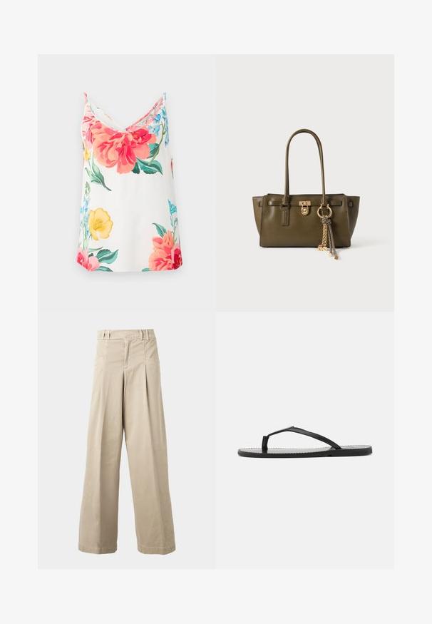 Blomstret camisole i let stof med store rosa, røde og gule blomster på en hvid baggrund. V-hals design og justerbare stropper.; Beige bukser med høj talje og brede ben med bæltestropper, forreste læg og sidelommer, vist på en ensartet lys baggrund.; Sorte flip-flops med minimalistisk design, der har tynde stropper og en flad sål. Materialet ser ud til at være plast med en glat overflade.; Oliven grøn læderhåndtaske med to håndtag, guldlås, MK-logo charm og guldkæde kvaster på hvid baggrund.