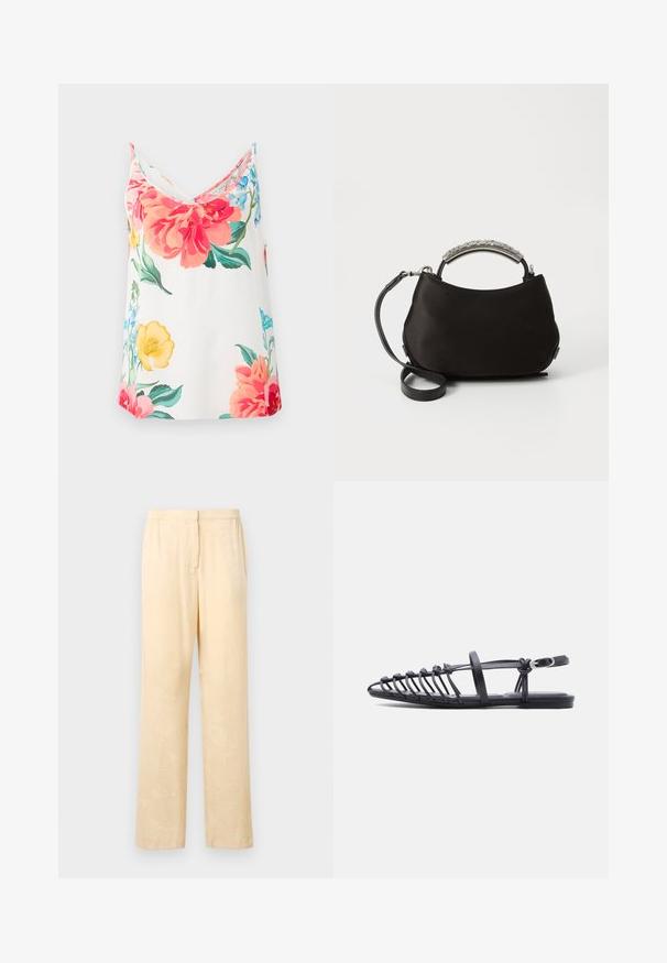 Blomstret camisole i let stof med store rosa, røde og gule blomster på en hvid baggrund. V-hals design og justerbare stropper.; Lysegule, løst siddende bukser med et subtilt bladmønster. Har en elastisk talje og lige ben. Glat tekstur.; Sort flad sandal med flere tynde remme, ankelrem med spænde og åben tå-burdesign på hvid baggrund.; Sort satin håndtaske med et buet sølvhåndtag og en aftagelig sort rem. Blød tekstur og rund form med et minimalistisk design.