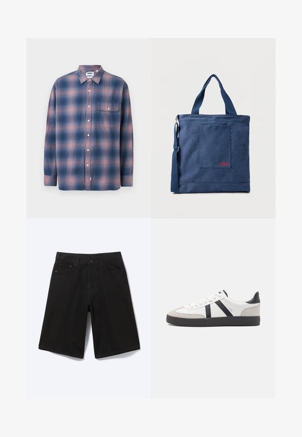 Langärmliges kariertes Hemd in Blau und Pink, aus weichem Stoff gefertigt. Verfügt über einen Button-Down-Kragen, eine Brusttasche und weiße Knöpfe.; Schwarze knielange Jeansshorts mit Frontknopf, Gürtelschlaufen und fünf Taschen, dargestellt vor weißem Hintergrund.; Weiße Sneaker mit schwarz- und grau-aczenten, ausgestattet mit einer strukturierten grauen Zehenkappe, schwarzer Gummi-Sohle und flachen weißen Schnürsenkeln. Sauberes Design, minimalistische Stil.; Blauer Canvas-Einkaufstasche mit Vordertasche und roter "O.N.S" Stickerei, ausgestattet mit zwei Griffen und einem verstellbaren Schulterriemen.