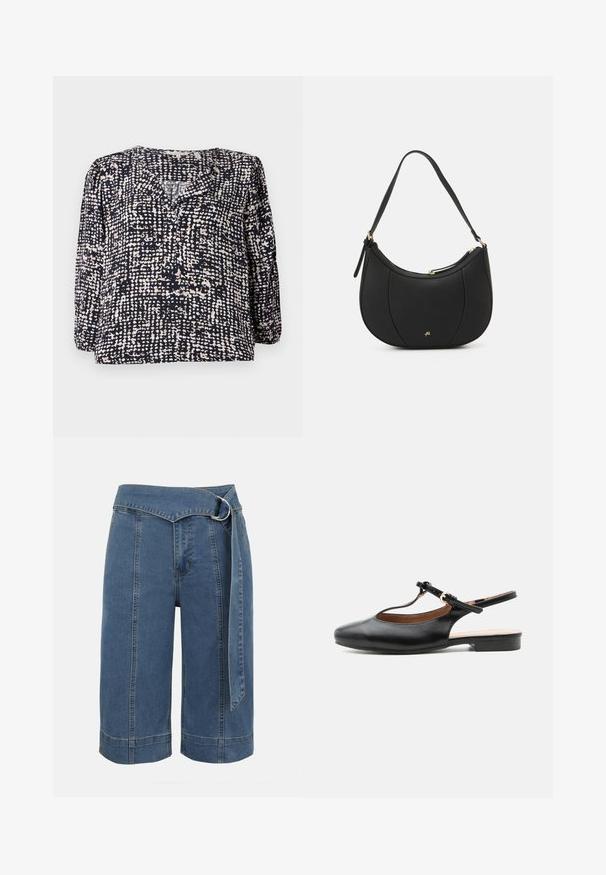 Blouse marine avec un motif texturé à pois en crème et beige, dotée d'un col en V et de longues manches bouffantes. Fabriquée en tissu léger.; Short en jean bleu à jambes larges avec des détails de coutures sur le devant et une ceinture en tissu assortie avec boucle en D argentée.; Chaussure plate slingback en cuir noir avec bride en T et boucle dorée sur fond neutre.; Sac à main en cuir noir avec une forme courbée, surface texturée, coutures avant et un logo doré. Il est doté d'une seule sangle ajustable.