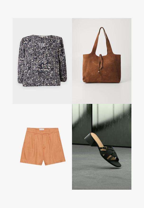 Blouse marine avec un motif texturé à pois en crème et beige, dotée d'un col en V et de longues manches bouffantes. Fabriquée en tissu léger.; Shorts plissés orange en tissu lisse, avec une fermeture éclair à l'avant, des passants de ceinture et des poches latérales. L'étiquette indique "ANNA FIELD."; Sandale à talon noire avec brides croisées et détail boucle dorée, présentée sur un fond flou vert foncé et gris.; Sac fourre-tout en daim marron avec deux longues poignées, fermeture à cordon et texture lisse. Présente un design simple et des accents minimaux.