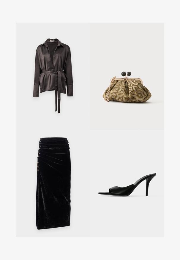 Mørkebrun satin skjortejakke med krave, lange ærmer, knaplukning og bælte foran til justerbar pasform. Glat tekstur.; Rabanne Pencil skirt - black; Sort læder åben tå højhælet mule med en slank stilet hæl, vist i sideprofil på en ensfarvet baggrund.; Lille clutch taske med gyldent og sort geometrisk mønster, guldfarvet metalramme, sort kuglelås og en kort guldkæde som rem.