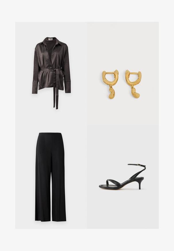 Veste chemise en satin marron foncé avec col, manches longues, fermeture par boutons et ceinture à nouer à l'avant pour un ajustement réglable. Texture lisse.; Pantalons larges noirs en tissu lisse, avec une taille haute et sans poches ni éléments métalliques visibles. Design longueur sol.; Sandale pour femme en cuir noir avec fines lanières, une boucle d'orteil, une boucle à la cheville et un talon aiguille de hauteur moyenne sur un fond neutre.; Paire de petites boucles d'oreilles créoles dorées avec des breloques irrégulières en forme de haricot suspendues à chaque créole sur un fond neutre.