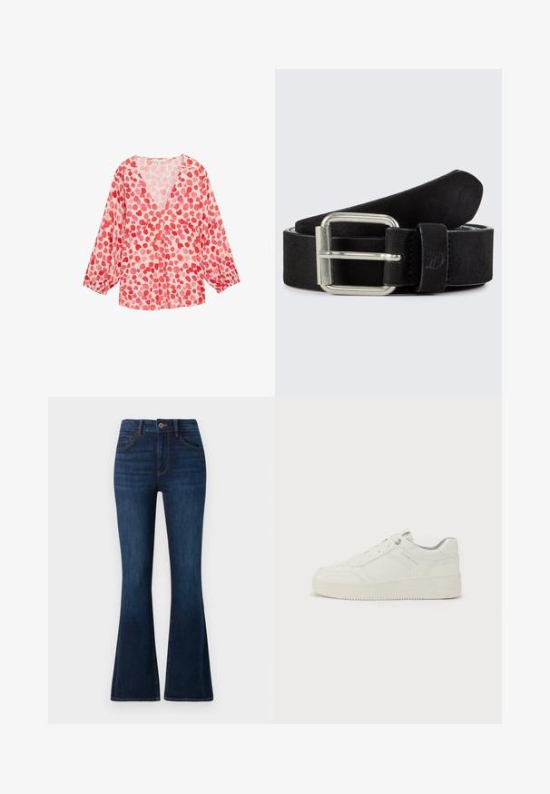 Blouse légère à manches longues avec un col en V, en tissu rose et ornée d'un motif de cœurs rouges et roses pâles.; TOM TAILOR STELLA denim bleu foncé; Sneaker blanc avec un extérieur en cuir lisse, bout rond, six œillets, col rembourré et semelle en caoutchouc texturé. Logo de marque discret sur le côté.; Ceinture en cuir noir avec une texture mate, dotée d'une boucle en métal argenté rectangulaire et d'un logo subtilement embouti sur la sangle.