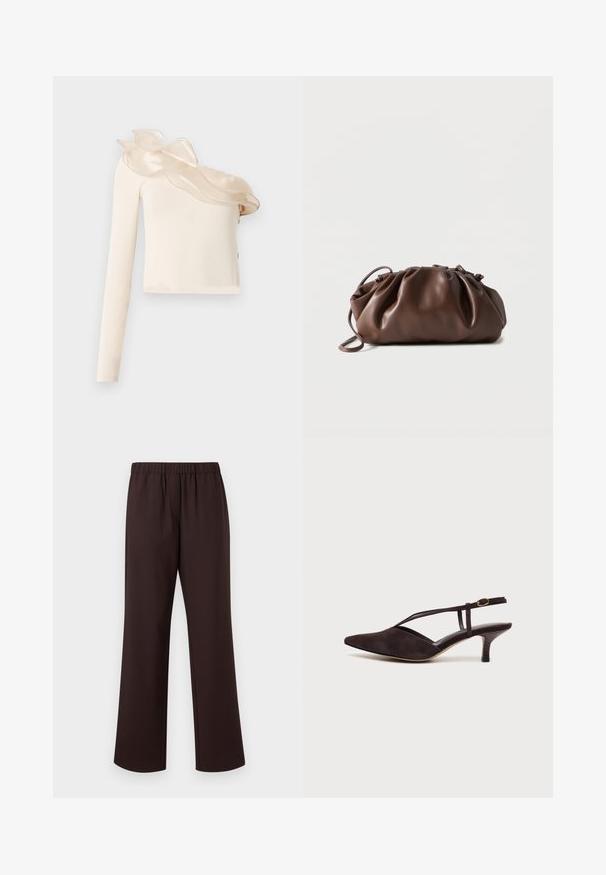 Haut crème asymétrique avec une seule manche longue, présentant un détail de col à volants transparent et un tissu lisse et ajusté.; Pantalon marron foncé à jambe droite avec taille élastique, fabriqué en tissu lisse, présenté sur un fond blanc uni.; Chaussure à petit talon slingback en daim brun foncé avec bout pointu et fine bride de cheville avec boucle dorée, présentée sur fond blanc.; Sacoche en cuir marron doux avec un haut froncé et une fine bandoulière, posée sur un fond blanc.
