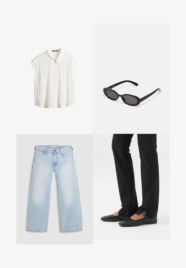 Witte korte mouwen blouse met een kraag, met een gestructureerd kreukpatroon en een sluiting met knopen aan de voorkant.; Lichtblauwe wijde jeans gemaakt van denim. Kenmerken zijn een rechte snit, een vijfzakkenontwerp en een knoopsluiting aan de taille.; Benen met zwarte smalle broek met voorsplitten aan de zoom, gecombineerd met zwarte platte Mary Jane-schoenen met een klein gespje.; Even&Odd Zonnebril - black