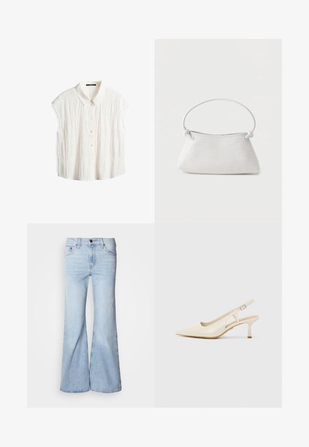 Witte korte mouwen blouse met een kraag, met een gestructureerd kreukpatroon en een sluiting met knopen aan de voorkant.; Lichtblauwe flare jeans met een hoge taille, gemaakt van denim, voorzien van vijf zakken en een knoopsluiting. De pijpen zijn wijd en hebben een licht vervaagde afwerking.; Beige slingback hakken van soepel leer. Heeft een spitse neus, een uitsnijdingsontwerp en een lage cilindrische hak voor stabiliteit.; Witte handtas van gevlochten leer met een afgeronde handgreep en uiteinden van de band die geknoopt zijn, afgebeeld tegen een effen achtergrond.