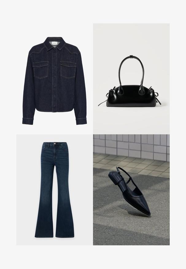Veste en denim foncé avec un col, fermeture à boutons sur le devant, deux poches poitrine et manches longues. Surpiqûres contrastantes sur l'ensemble.; Jean en denim bleu foncé taille haute avec coupe évasée, fermeture devant par bouton et zip, poches devant et derrière.; Chaussure plate noire à bout pointu avec bride arrière, flottant au-dessus d'une surface en bitume à côté d'un trottoir carrelé.; Petit sac à main noir brillant avec deux longues anses et des détails à cordon sur les côtés sur un fond clair uni.
