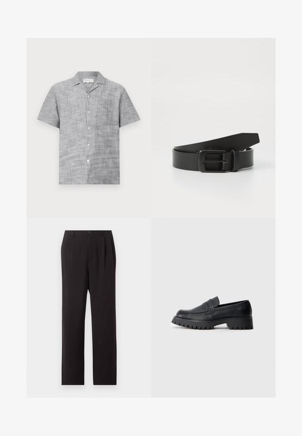Grijze korte mouwen knoopshirt van gestructureerde stof met een kraag en een klein borstzakje. Voorzien van lichte knopen.; Zwarte hooggetailleerde, op maat gemaakte broek met plooien, knoopsluiting, ceintuurlussen en rechte pijpen op een effen lichte achtergrond.; Zwarte leren instappers met een ronde neus, voorzien van een decoratieve riem en een stevige rubberen zool met diepe groeven voor grip.; Zwarte leren riem met een matte zwarte metalen gesp, met een gladde textuur en eenvoudig ontwerp. Verstelbare lengte met een taps toelopend uiteinde.