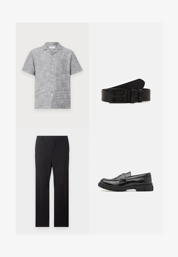 Camisa de botones de manga corta en gris, hecha de tejido texturizado, con cuello y pequeño bolsillo frontal. Presenta botones claros.; Pantalones negros de pierna recta con trabillas para cinturón y cierre frontal de botón sobre fondo blanco.; Mocasin de cuero negro con una cinta ancha en el empeine, suela de goma con tacos gruesos y textura suave. Diseño clásico y elegante.; Cinturón de cuero negro enrollado con una hebilla metálica rectangular negra mate y dos trabillas sobre un fondo blanco.