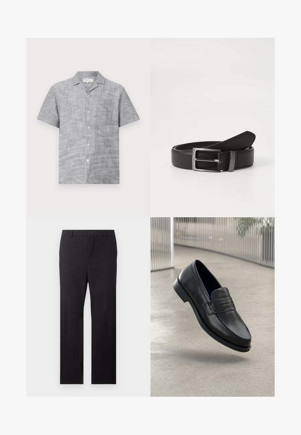 Grijze korte mouwen knoopshirt van gestructureerde stof met een kraag en een klein borstzakje. Voorzien van lichte knopen.; Zwarte rechte broek met riemlussen en een knoopsluiting aan de voorkant op een witte achtergrond.; Zwarte leren loafer met een gladde textuur, spitse neus en een decoratieve band over de wreef. Lichtgewicht zool, minimalistisch ontwerp.; Zwarte leren riem met een zilveren metalen gesp, met een gladde afwerking en een klassiek ontwerp. De riem is netjes opgevouwen.