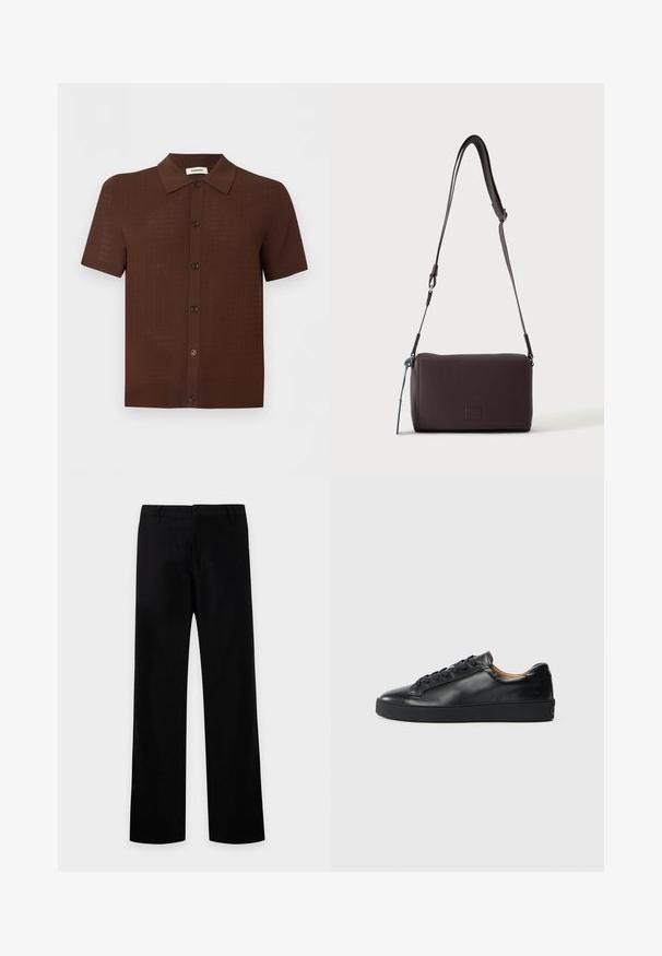 Chemise marron à manches courtes avec boutons, motif texturé et col classique, présentée sur un fond clair uni.; Pantalon noir droit avec passants de ceinture et fermeture éclair à l'avant, présenté sur fond blanc.; Baskets en cuir noir avec une texture lisse, bout rond et fermeture à lacets. Comprend une semelle en caoutchouc épaisse et un minimum de détails de marque.; Sac bandoulière en cuir marron foncé texturé avec une sangle réglable et un petit accent décoratif bleu sur le côté.