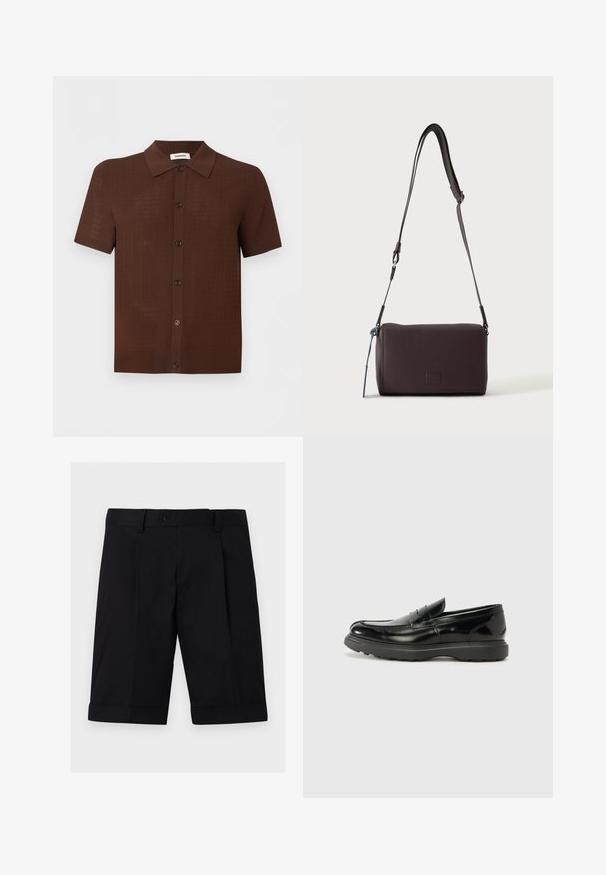 Chemise marron à manches courtes avec boutons, motif texturé et col classique, présentée sur un fond clair uni.; Shorts noirs sur mesure à la longueur genou avec une taille boutonnée, des passants de ceinture et des ourlets retroussés sur un fond clair uni.; Mocassin en cuir noir avec une finition brillante, bout arrondi, détails de couture subtils et semelle en caoutchouc épaisse pour la durabilité.; Sac bandoulière en cuir marron foncé texturé avec une sangle réglable et un petit accent décoratif bleu sur le côté.
