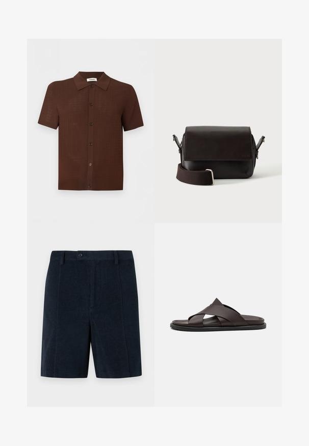 Chemise marron à manches courtes avec boutons, motif texturé et col classique, présentée sur un fond clair uni.; Short bleu marine taillé avec passants de ceinture, fermeture à boutons devant et ourlet droit sur un fond uni.; Stuart Weitzman BERKLEY - Mules - espresso; Sac bandoulière en cuir marron foncé avec fermeture à rabat et sangle en tissu réglable sur fond blanc.