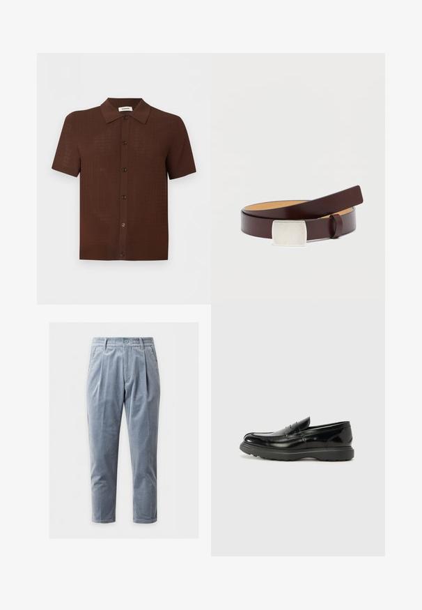 Chemise marron à manches courtes avec boutons, motif texturé et col classique, présentée sur un fond clair uni.; Pantalon en velours côtelé bleu clair pour hommes avec plis, passants de ceinture, fermeture bouton et jambes droites sur un fond uni.; Mocassin en cuir noir avec une finition brillante, bout arrondi, détails de couture subtils et semelle en caoutchouc épaisse pour la durabilité.; Ceinture en cuir marron avec une boucle rectangulaire en argent, texture lisse et doublure intérieure plus claire contrastante. Design simple et classique.