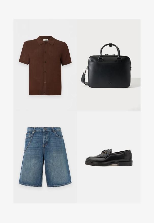 Chemise marron à manches courtes avec boutons, motif texturé et col classique, présentée sur un fond clair uni.; Shorts en denim bleu avec poches avant, passants pour ceinture, fermeture à bouton et une chaîne métallique attachée à la poche gauche.; Mocassins en cuir noir avec un bout arrondi et une boucle décorative. Talon plat, solide et texture lisse sur l'ensemble.; Porte-documents en cuir noir avec doubles poignées et bandoulière détachable, design minimaliste sur fond uni.